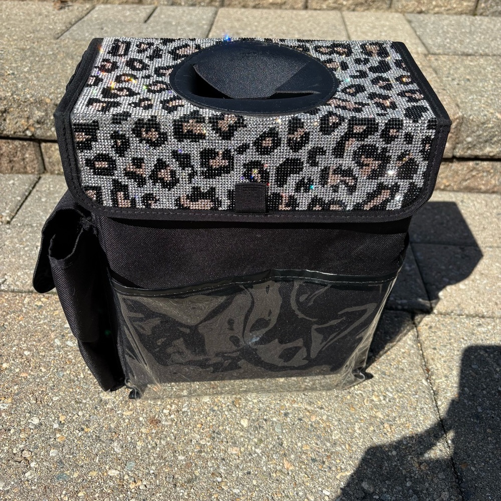 Snow Leopard Bling Rhinestone Car Trash Can, 3 Gallon, Leakproof w/ Storage!